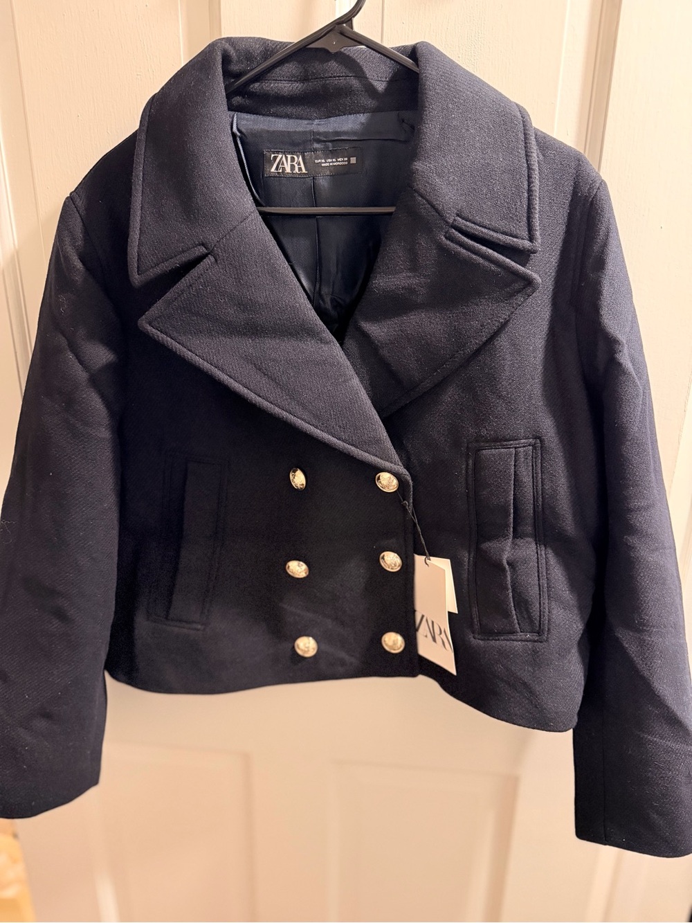 Zara Women's Double-Breasted Wool Pea Coat in Navy Blue NWT